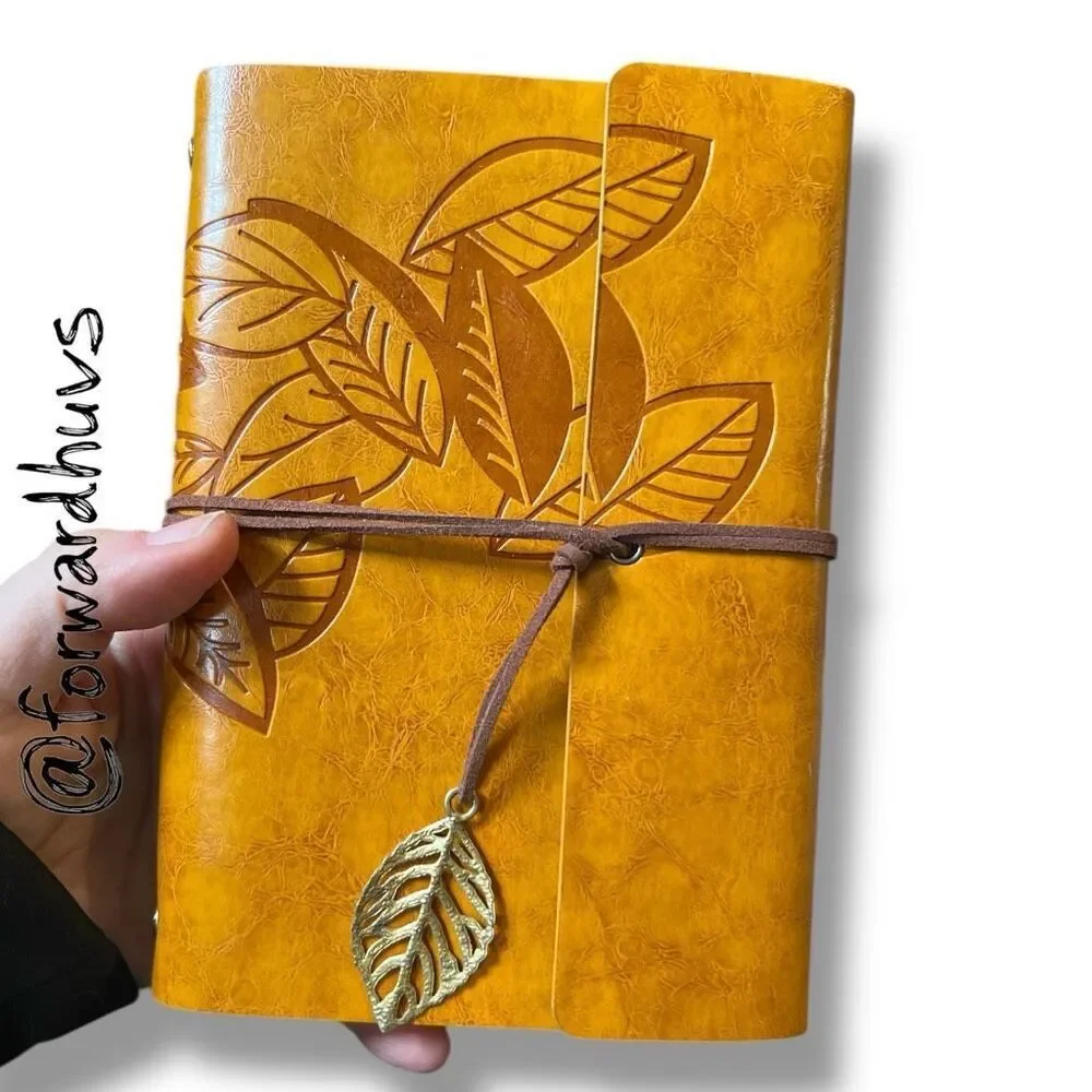 Embossed Leaf PU Leather Notebook - Sketchbook - Unlined Blank Page Notebook